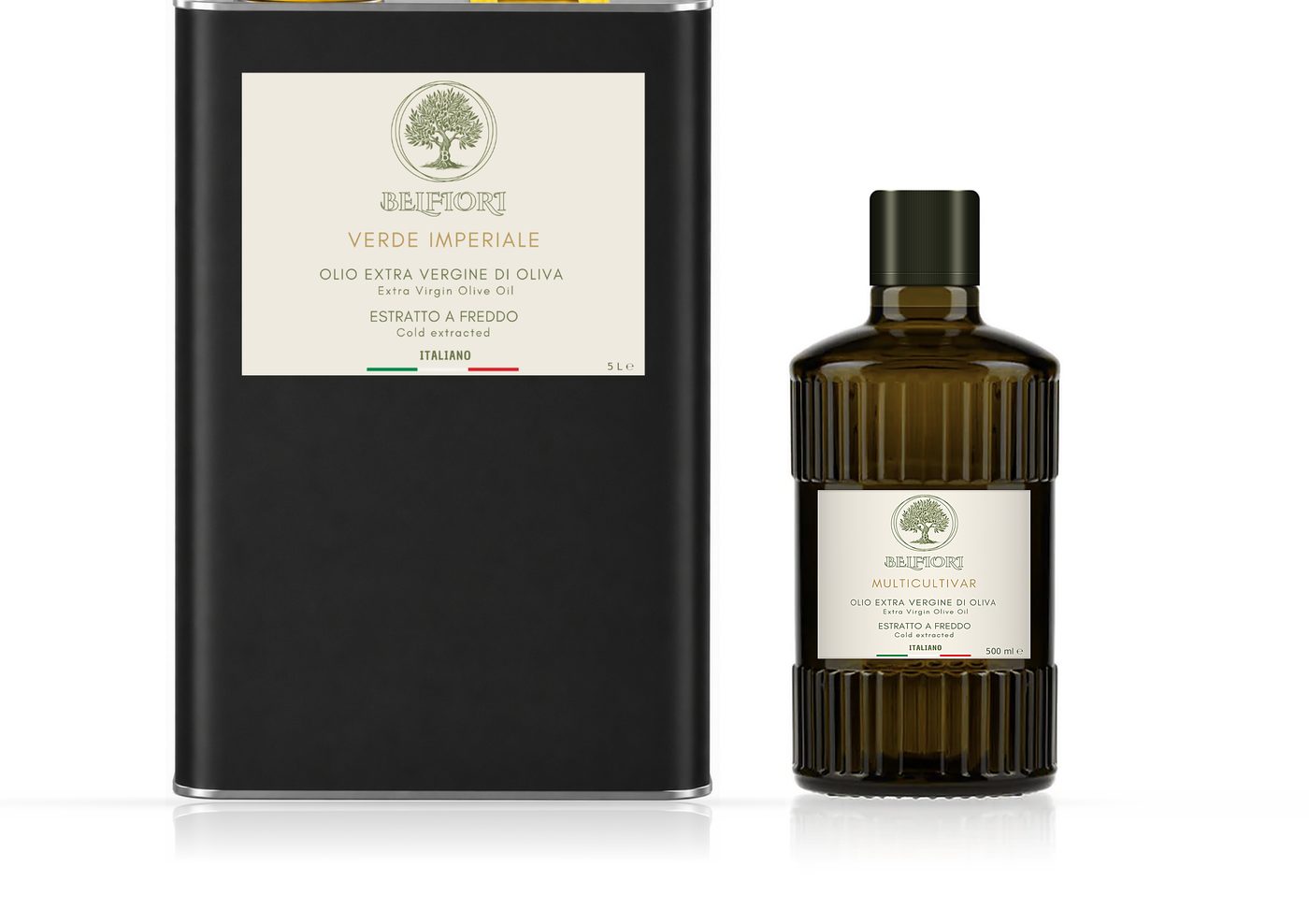 Olio extravergine Belfiori — latta e bottiglia